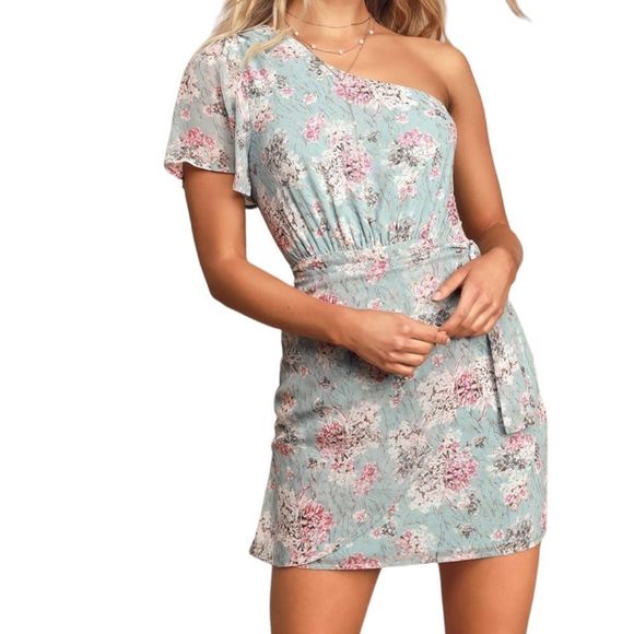 Lulus Way to Wow Dusty Blue Floral Print One Shoulder Faux-Wrap Dress Sz L - Picture 2 of 16